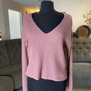 Wild Fable Dusty Pink Ribbed V-Neck Sweater L Oversized Cropped